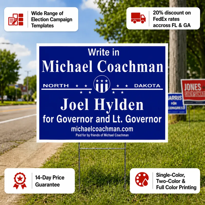 Blue custom political yard sign on metal H-stake in a lawn setting, showing outdoor visibility for election campaigns