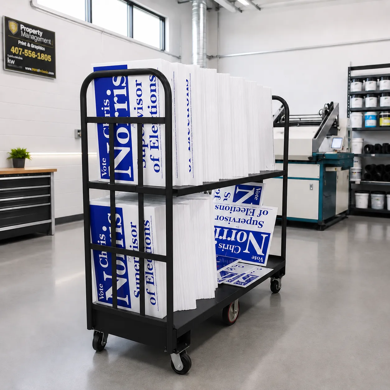 Cart of bulk-printed "Vote Chris Norris" campaign yard signs inside the print facility