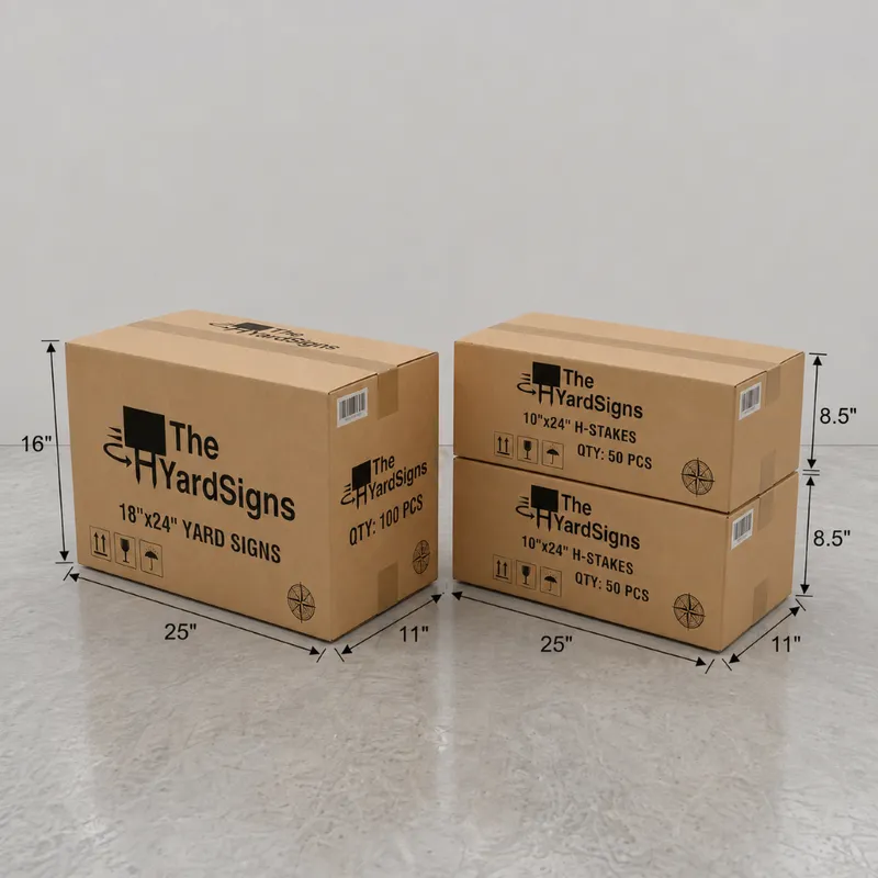 The YardSigns shipping boxes with dimensions and quantity