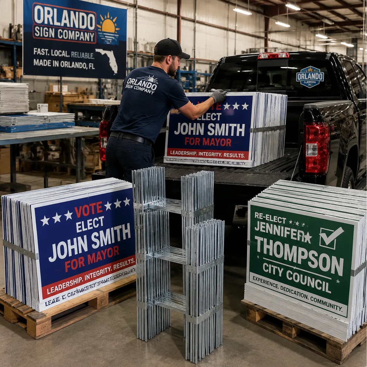 Customer picking up wholesale political yard signs for free at our Orlando facility on 40 W Crystal Lake St