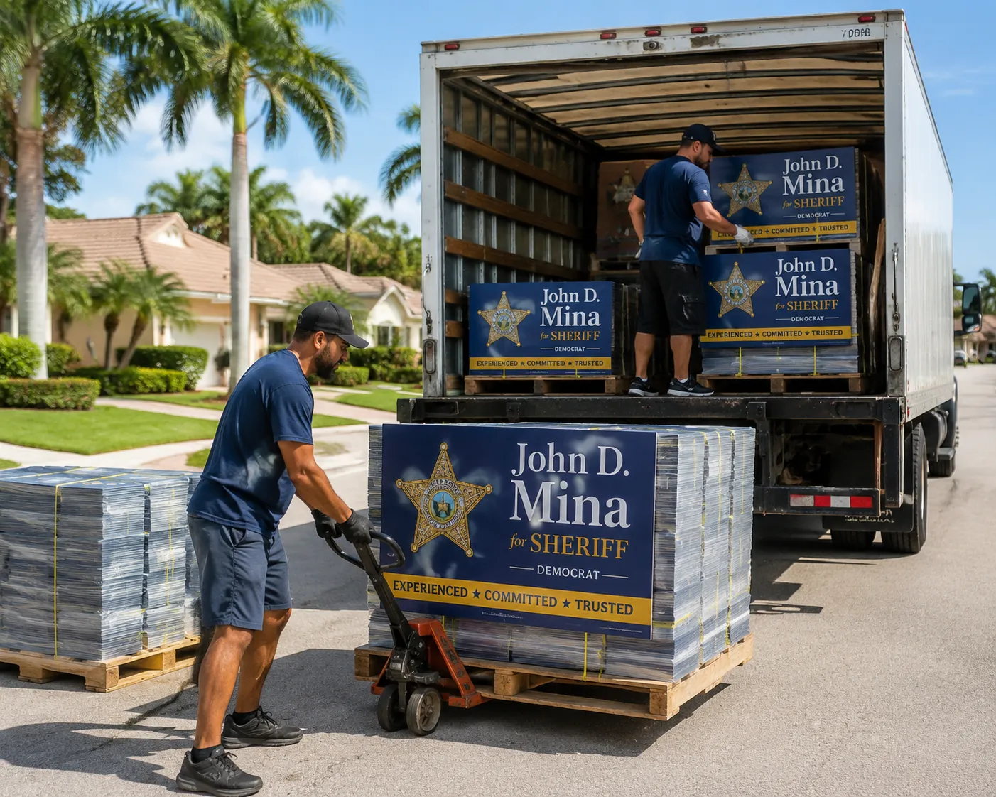 Safe unloading of wholesale sheriff election signs via our private logistics fleet in Florida