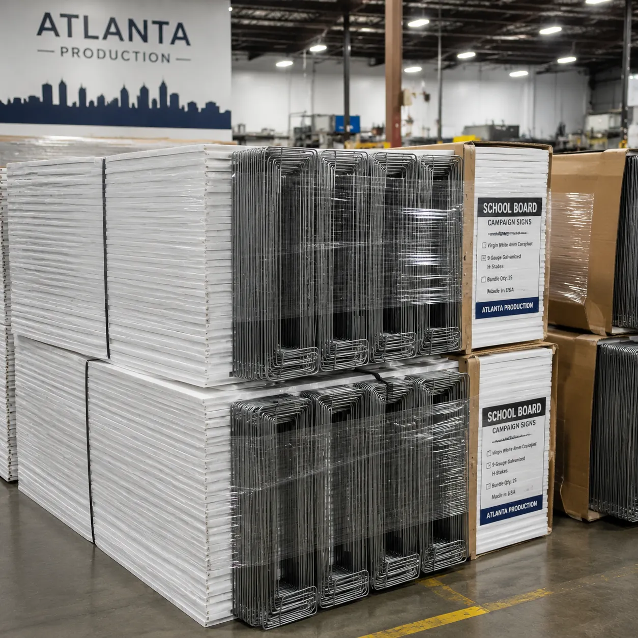 Wholesale school board campaign signs bundled with steel wire H-stakes at our Atlanta factory