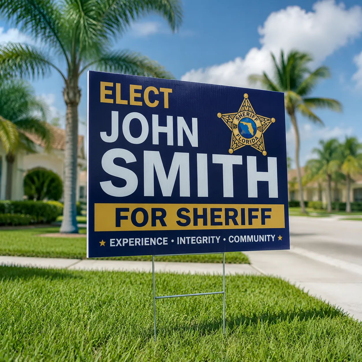 High-visibility blue and gold sheriff election yard signs in Florida by TheYardSigns