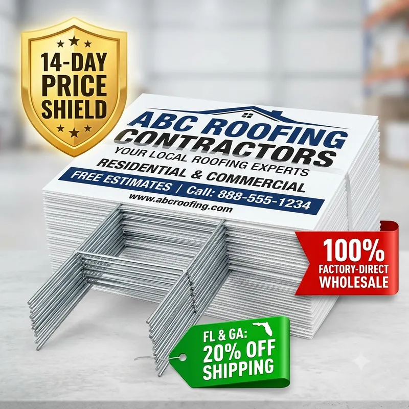 Factory direct GA roofing contractor lawn signs with 14-day price shield and wholesale pricing