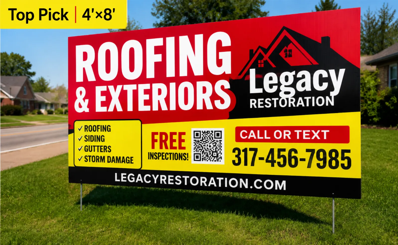 Giant custom 4x8 corrugated plastic roadside business sign installed near highway