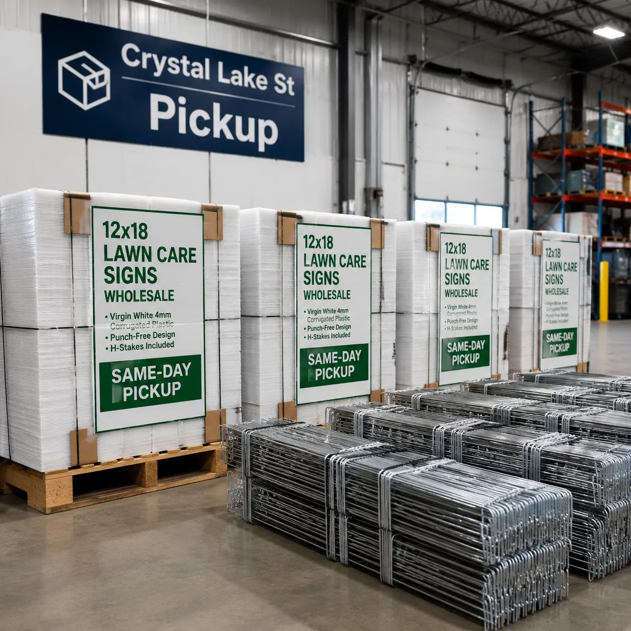 Boxes of wholesale lawn care signs ready for free local pickup at our Orlando warehouse