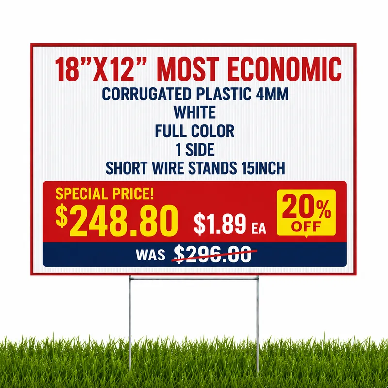 18x12 white corrugated yard signs with stakes on grass. $248.80 for 100.