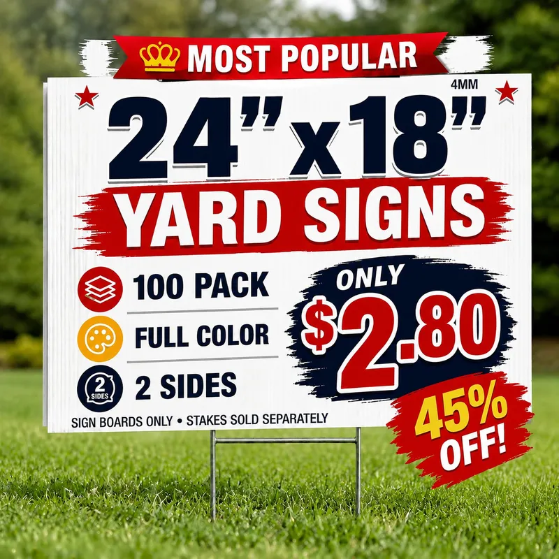 Promotional image for 24x18 inch yard signs 100 pack. Features full color double-sided printing on corrugated plastic. Special price $2.80 each, 45% off sale.